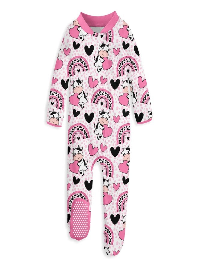 uideazone Baby Cow Clothes 9-12 Months Sleepers Pink Heart Long Sleeve Footed Pajamas Infant One Piece Romper with Mitten Cuffs - Image 1